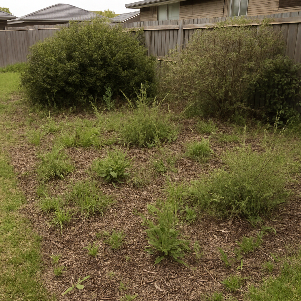 Overgrown garden bed before mulch installation