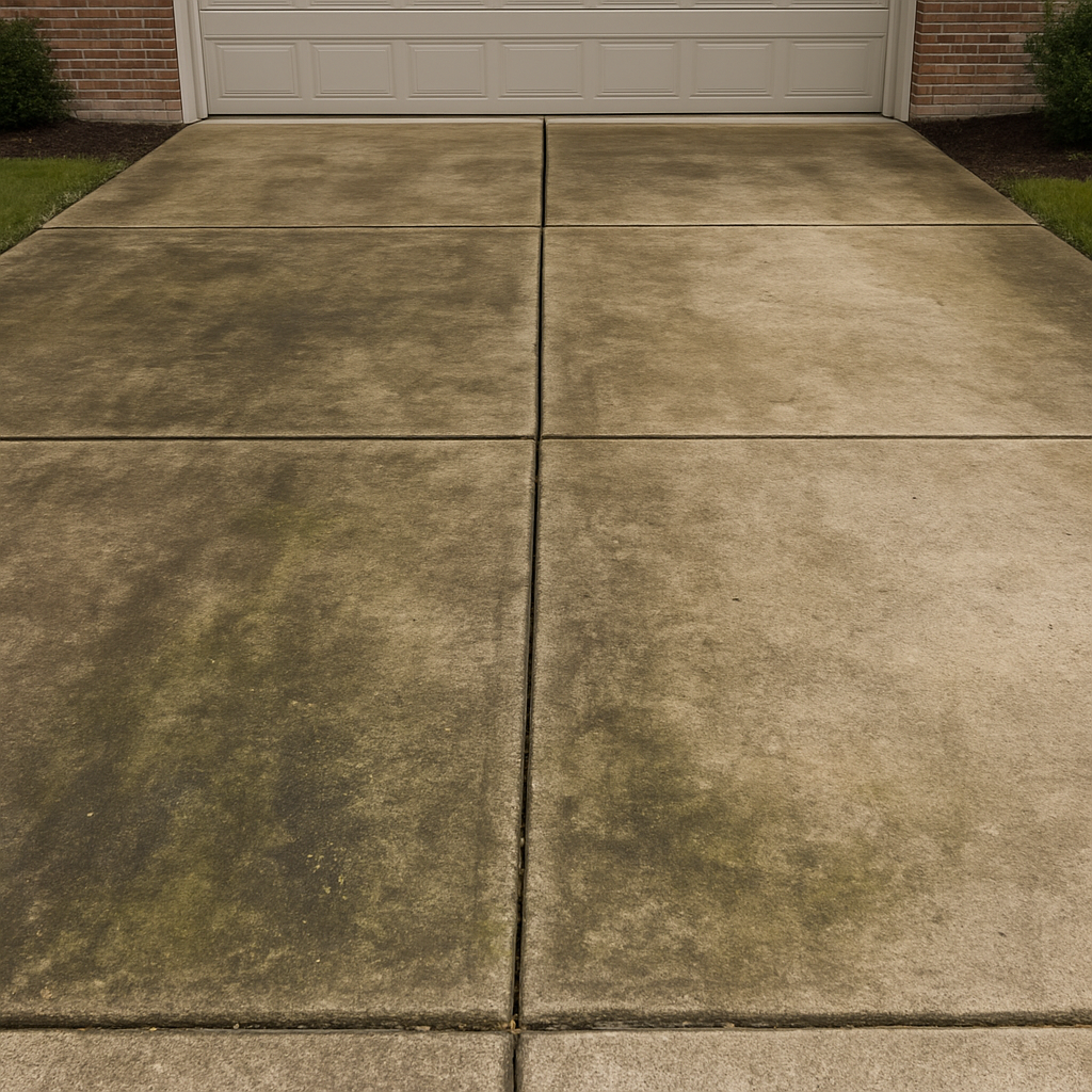 Dirty stained concrete driveway before cleaning