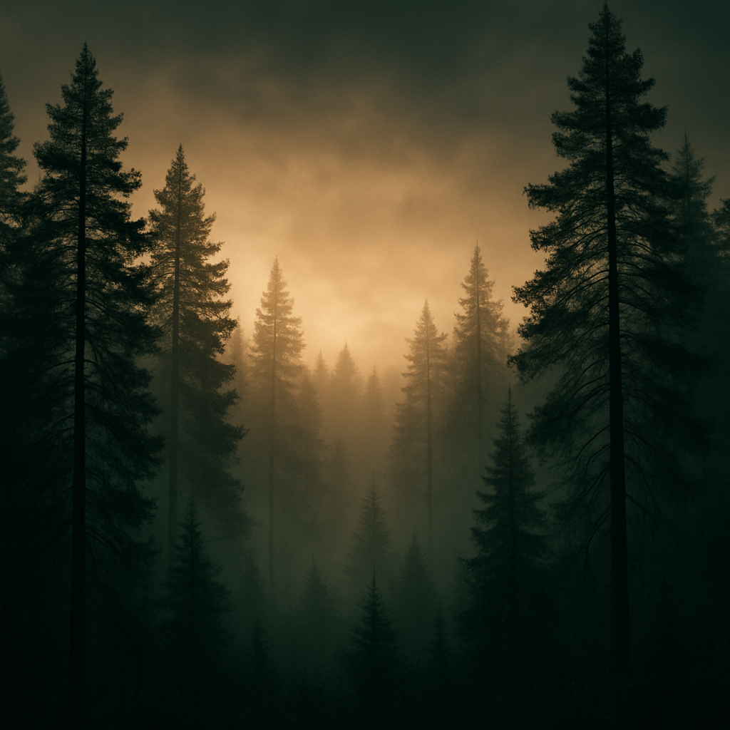 Misty Minnesota pine forest at golden hour